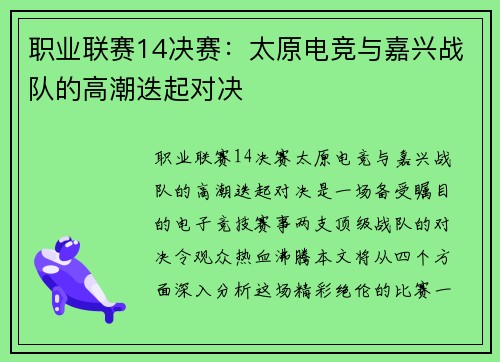 职业联赛14决赛：太原电竞与嘉兴战队的高潮迭起对决